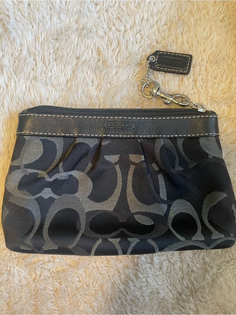 Coach Black Leather Keychain Wristlet with Silver Hardware
